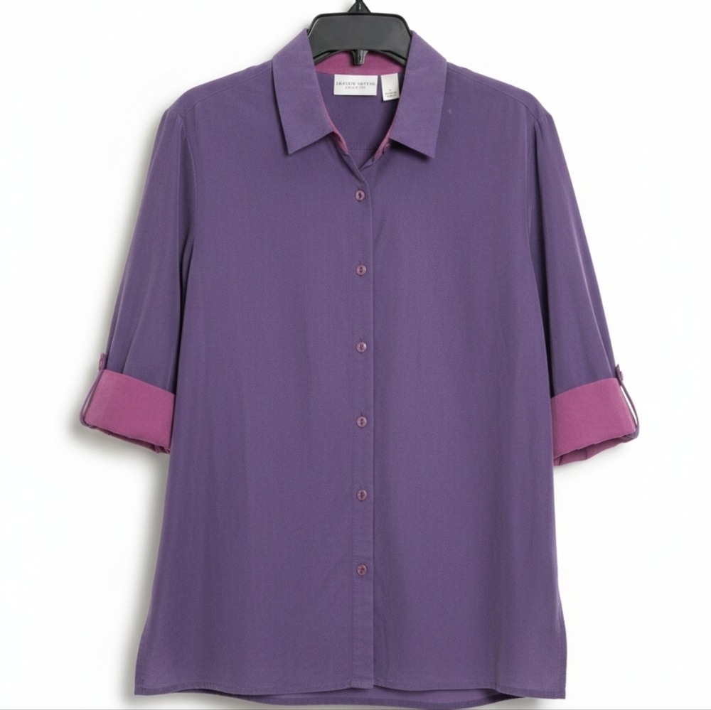 Jaclyn Smith Classic Purple Button-Up Blouse 3/4 Sleeve